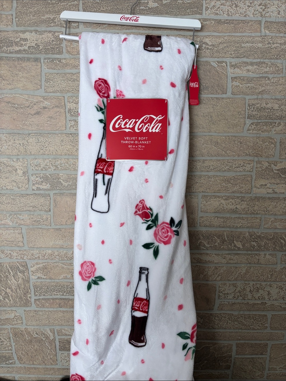 Coca-cola plush blanket with roses, white and pink background 60” x 70”